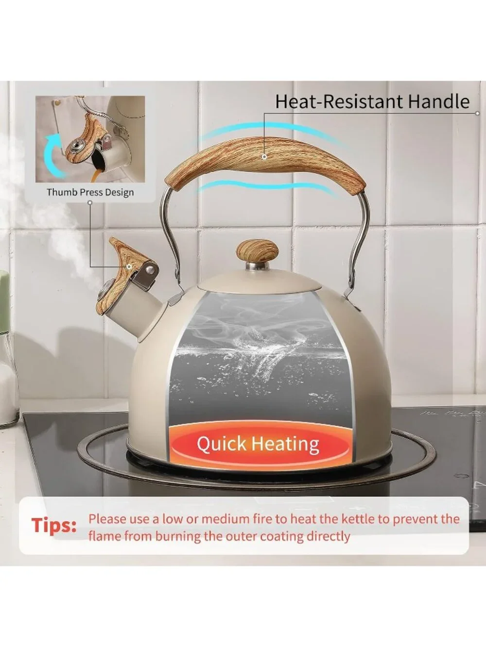 Creamy White Kitchen Whistling Tea Kettle 2.5 Quart Stainless Steel Wood Handle